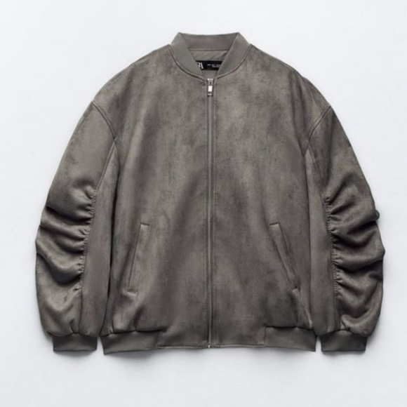 New Zara Oversized Suede Gray Bomber Jacket NWT Medium - Picture 8 of 16